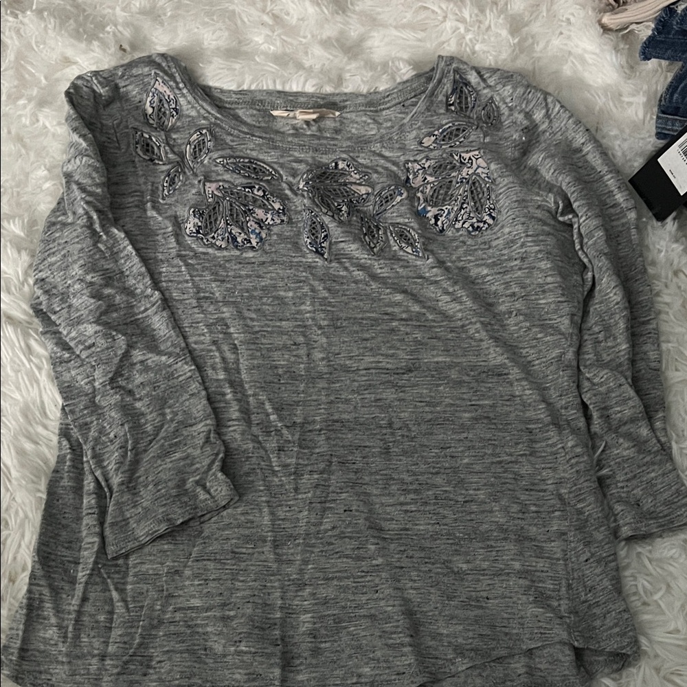 Rebecca Taylor Gray Floral Embroidered Long Sleeve Top